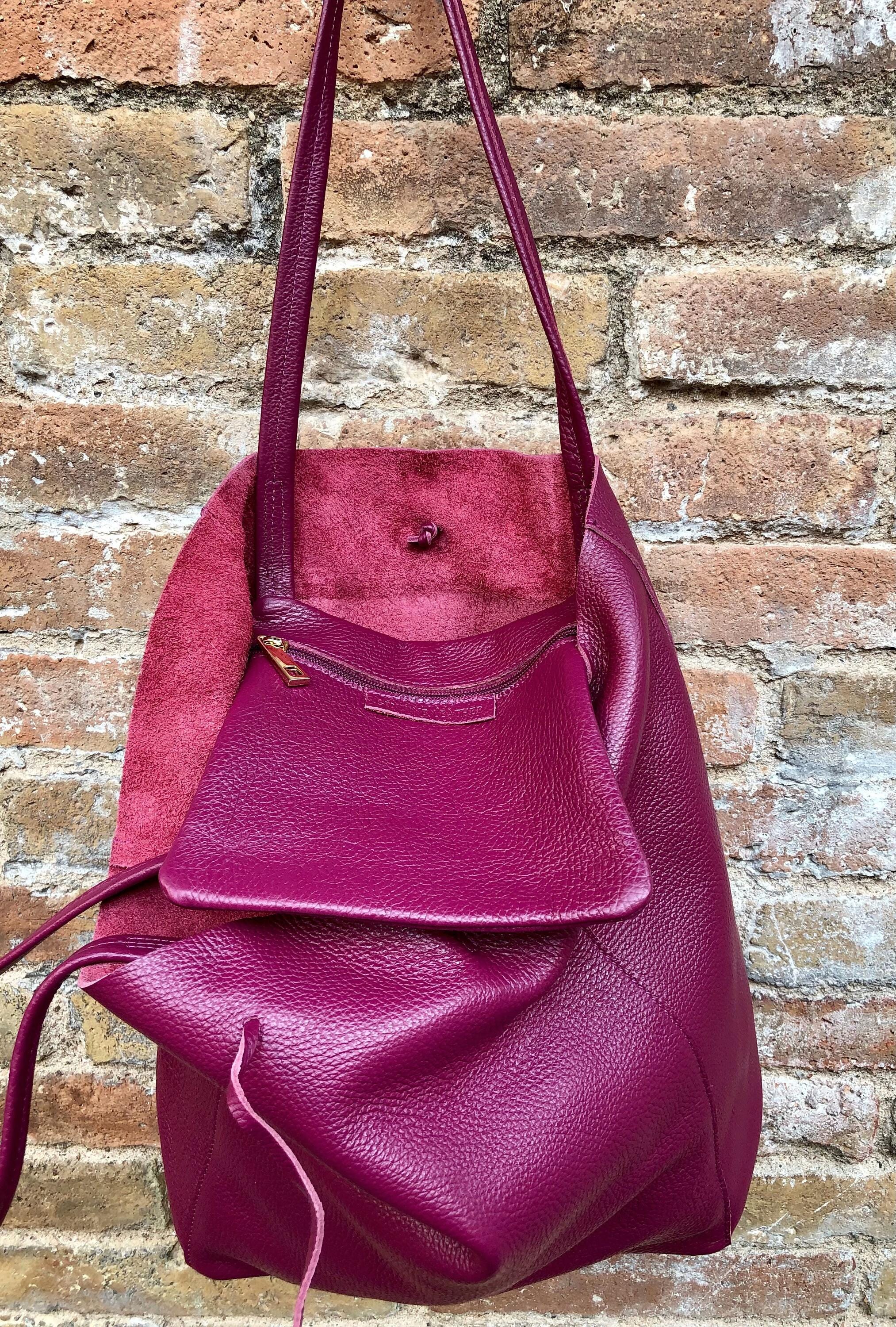 Tote leather bag in PLUM burgundy. Leather shopper bag in soft natural GENUINE leather. Large wine red carry all bag for your laptop, books