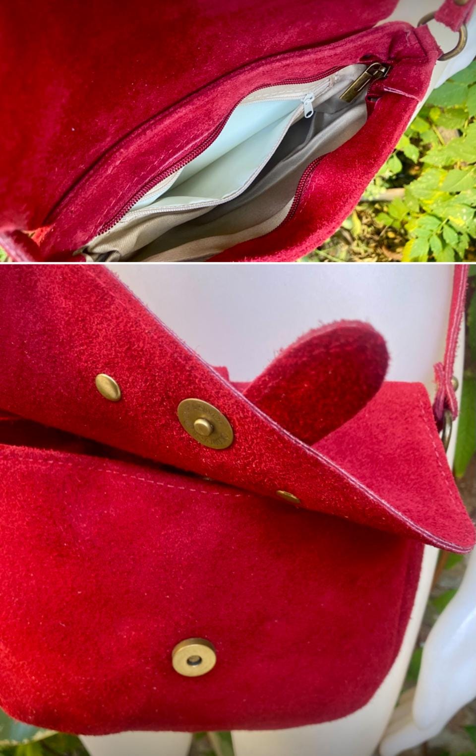 SECONDS - 2 suede bags : 1 red + 1 mustard yellow with fringes. Genuine leather crossbody bags with adjustable strap + zipper.