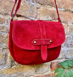 Small red suede bag. Genuine leather crossbody bag. Genuine leather bag with adjustable strap and zipper. Cherry red suede purse
