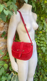 Small red suede bag. Genuine leather crossbody bag. Genuine leather bag with adjustable strap and zipper. Cherry red suede purse