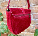 Small red suede bag. Genuine leather crossbody bag. Genuine leather bag with adjustable strap and zipper. Cherry red suede purse
