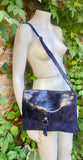 Navy blue suede leather messenger bag. Dark blue cross body / shoulder bag. Distressed leather messenger bag. Navy purse with zipper + flap.