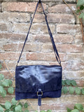 Navy blue suede leather messenger bag. Dark blue cross body / shoulder bag. Distressed leather messenger bag. Navy purse with zipper + flap.