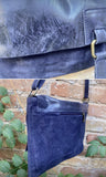 Navy blue suede leather messenger bag. Dark blue cross body / shoulder bag. Distressed leather messenger bag. Navy purse with zipper + flap.