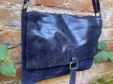 Navy blue suede leather messenger bag. Dark blue cross body / shoulder bag. Distressed leather messenger bag. Navy purse with zipper + flap.