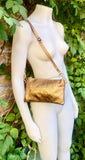 Small leather bag in dark GOLD. Genuine leather crossbody / shoulder bag in GENUINE leather. Golden leather purse with adjustable strap.