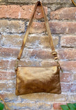 Small leather bag in dark GOLD. Genuine leather crossbody / shoulder bag in GENUINE leather. Golden leather purse with adjustable strap.
