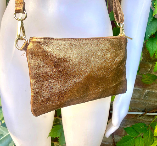 Small leather bag in dark GOLD. Genuine leather crossbody / shoulder bag in GENUINE leather. Golden leather purse with adjustable strap.