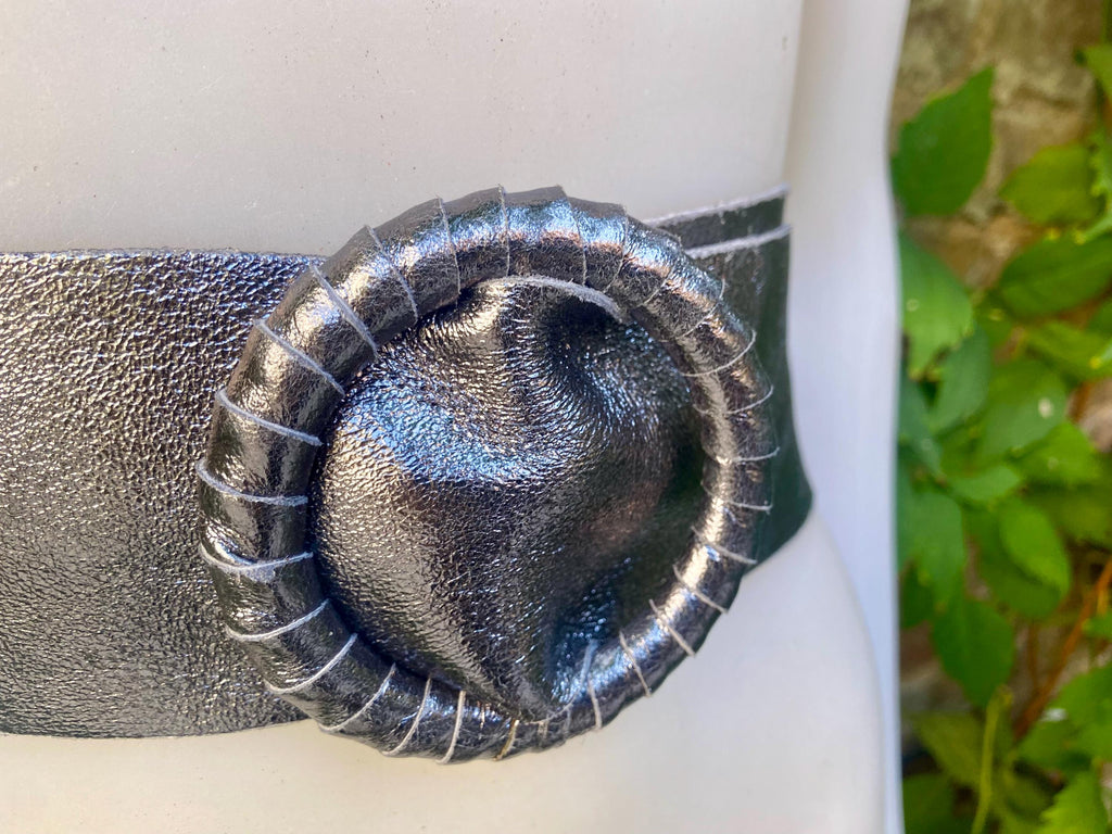 Dark silver leather waist belt. Large round buckle. Silver wide belt. Genuine leather silver dress belt. Wide silver waist belt