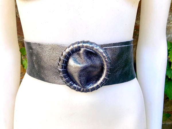 Dark silver leather waist belt. Large round buckle. Silver wide belt. Genuine leather silver dress belt. Wide silver waist belt