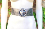Dark silver leather waist belt. Large round buckle. Silver wide belt. Genuine leather silver dress belt. Wide silver waist belt