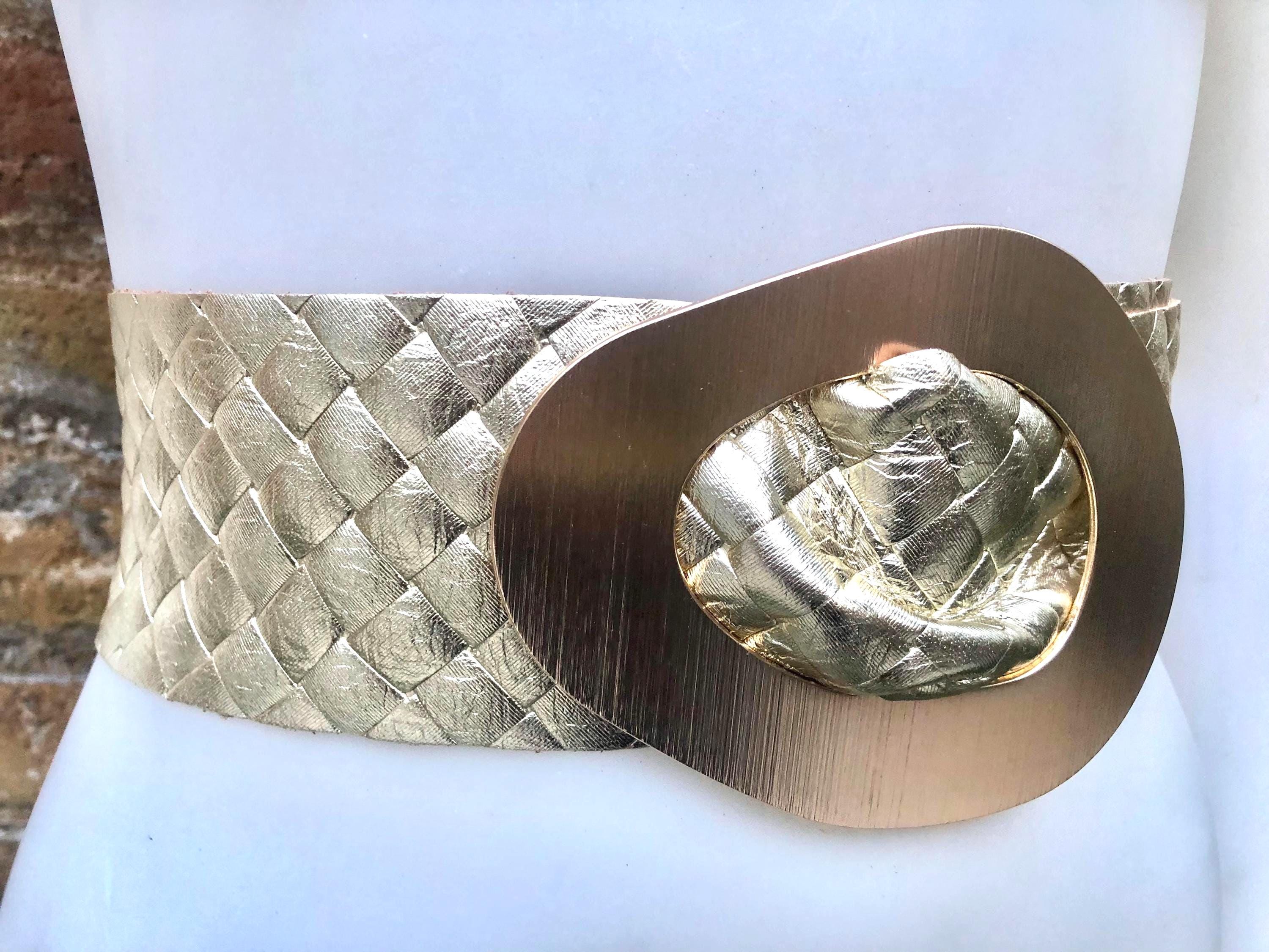 GOLD metallic leather waist belt with large metal buckle. Soft leather belt in gold. Boho glitter genuine leather belt. Gold waist belt