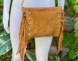 Camel brown suede crossbody bag with tacks and fringes. Light brown suede hippy purse. Genuine suede leather boho bag in light caramel brown