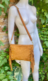 Camel brown suede crossbody bag with tacks and fringes. Light brown suede hippy purse. Genuine suede leather boho bag in light caramel brown