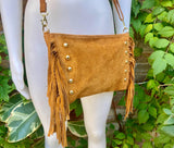 Camel brown suede crossbody bag with tacks and fringes. Light brown suede hippy purse. Genuine suede leather boho bag in light caramel brown