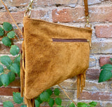 Camel brown suede crossbody bag with tacks and fringes. Light brown suede hippy purse. Genuine suede leather boho bag in light caramel brown