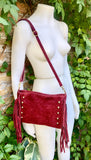 Burgundy red suede crossbody bag with tacks and fringes. Dark cherry suede hippy purse. Genuine suede leather boho bag in wine red suede.
