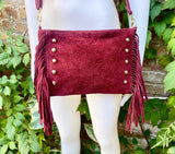 Burgundy red suede crossbody bag with tacks and fringes. Dark cherry suede hippy purse. Genuine suede leather boho bag in wine red suede.