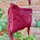 Burgundy red suede crossbody bag with tacks and fringes. Dark cherry suede hippy purse. Genuine suede leather boho bag in wine red suede.