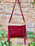 Burgundy red suede crossbody bag with tacks and fringes. Dark cherry suede hippy purse. Genuine suede leather boho bag in wine red suede.