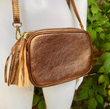 Dark gold leather bag. Crossbody / shoulder bag in GENUINE leather. Metallic shine leather bag with adjustable strap and zipper. Gold purse