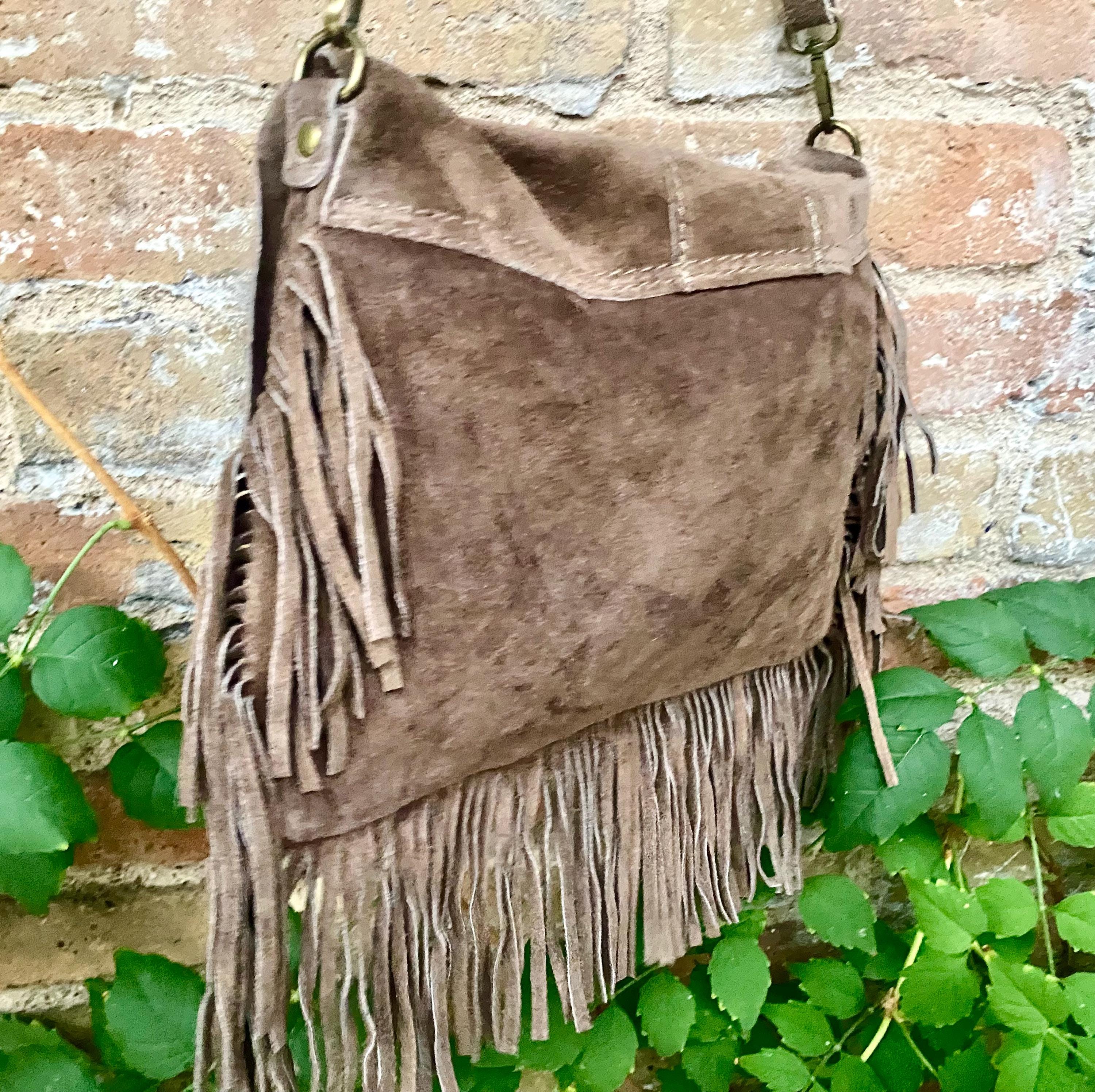 Taupe brown crossbody fringed bag with tacks.BOHO suede leather bag with FRINGES. Greyge brown genuine suede leather. Grey-brown suede purse