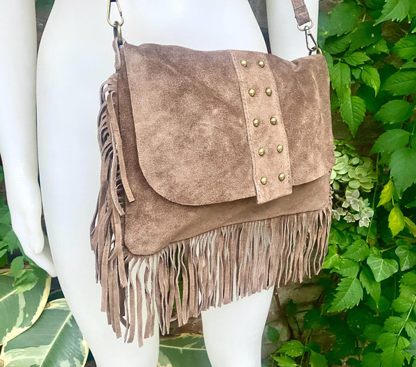 Taupe brown crossbody fringed bag with tacks.BOHO suede leather bag with FRINGES. Greyge brown genuine suede leather. Grey-brown suede purse