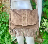 Taupe brown crossbody fringed bag with tacks.BOHO suede leather bag with FRINGES. Greyge brown genuine suede leather. Grey-brown suede purse