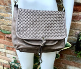 Light brown "distressed" genuine leather bag. Boho messenger bag in taupe color. Dark beige crossbody/shoulder bag. "Vintage" style purse.