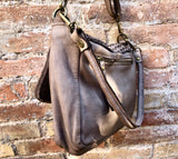 Light brown "distressed" genuine leather bag. Boho messenger bag in taupe color. Dark beige crossbody/shoulder bag. "Vintage" style purse.