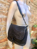 Black "distressed" genuine leather bag. Boho messenger bag in black. Crossbody/shoulder bag. "Vintage" style purse with zipper and flap.