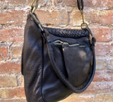 Black "distressed" genuine leather bag. Boho messenger bag in black. Crossbody/shoulder bag. "Vintage" style purse with zipper and flap.