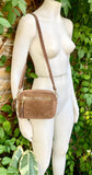 Light brown small suede leather bag. Tan GENUINE leather shoulder / cross body bag. Taupe brown suede purse, adjustable strap + zippers.