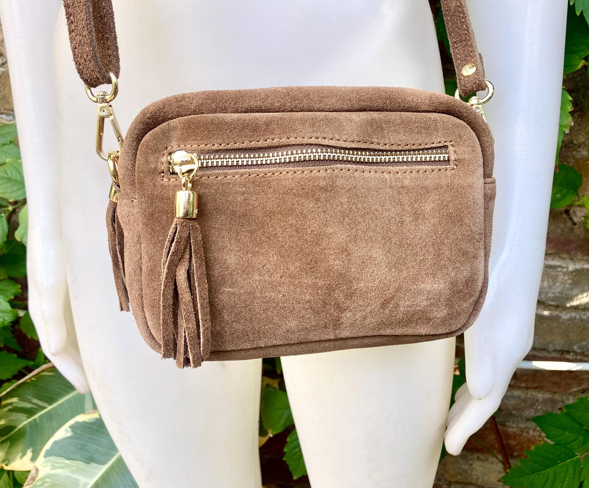 Light brown small suede leather bag. Tan GENUINE leather shoulder / cross body bag. Taupe brown suede purse, adjustable strap + zippers.