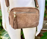 Light brown small suede leather bag. Tan GENUINE leather shoulder / cross body bag. Taupe brown suede purse, adjustable strap + zippers.