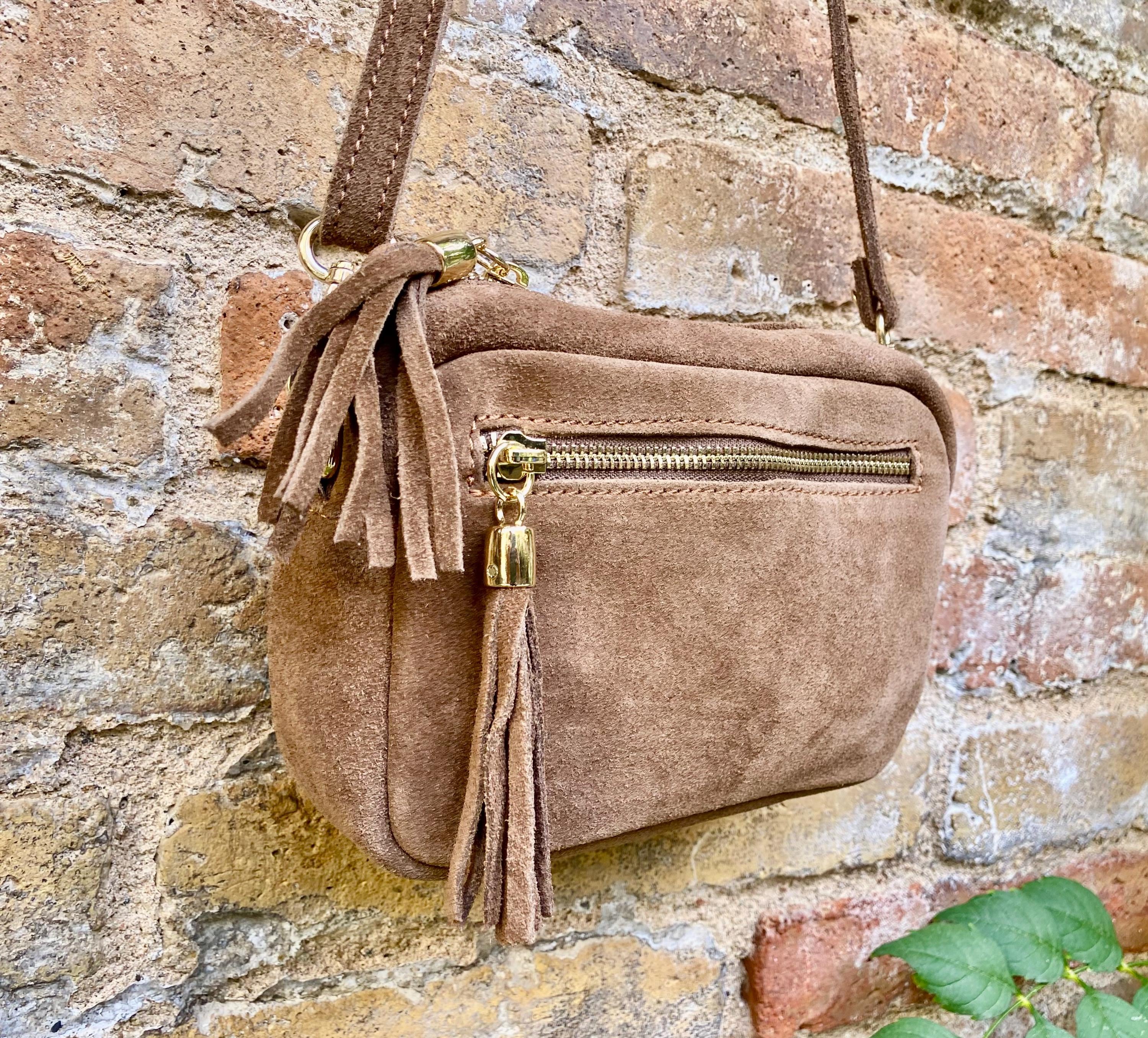Light brown small suede leather bag. Tan GENUINE leather shoulder / cross body bag. Taupe brown suede purse, adjustable strap + zippers.