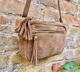 Light brown small suede leather bag. Tan GENUINE leather shoulder / cross body bag. Taupe brown suede purse, adjustable strap + zippers.