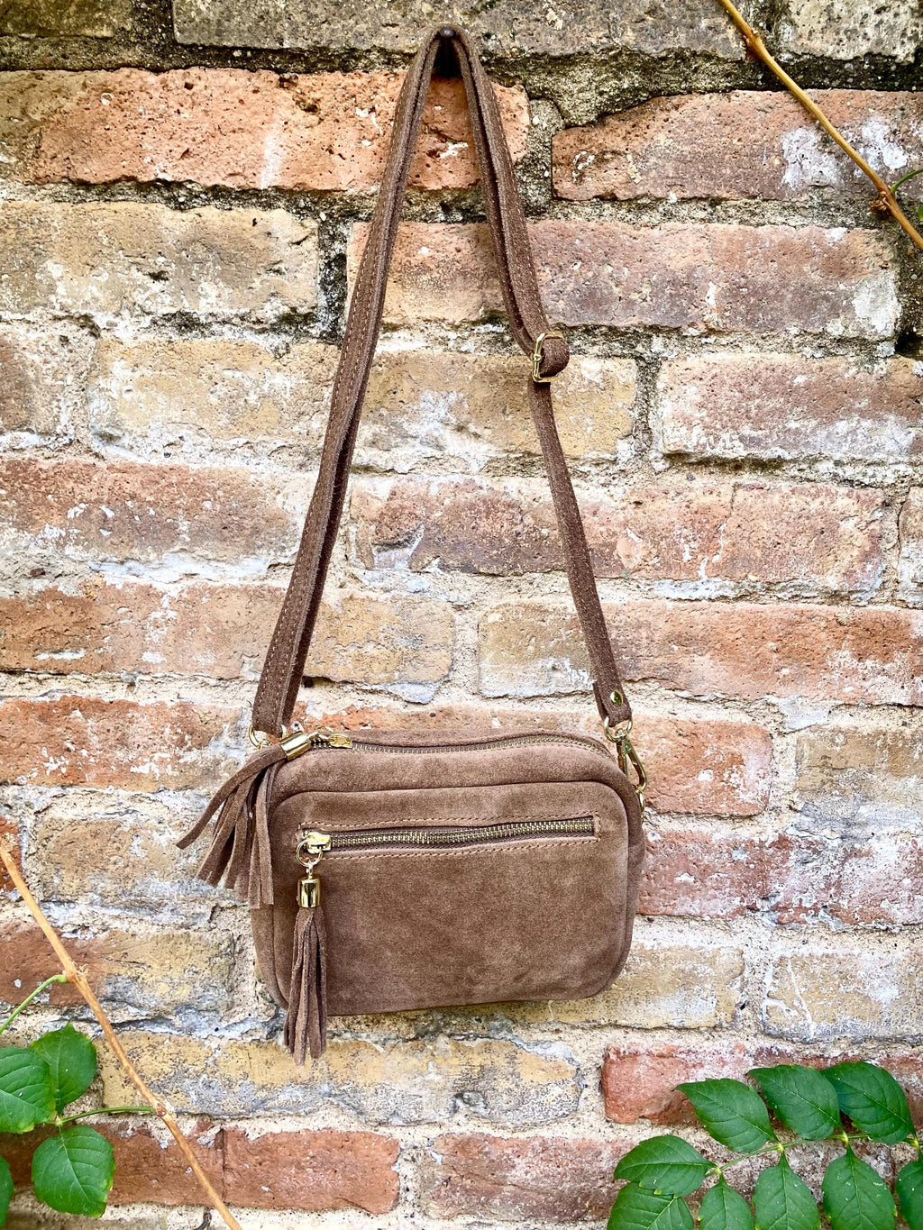 Light brown small suede leather bag. Tan GENUINE leather shoulder / cross body bag. Taupe brown suede purse, adjustable strap + zippers.