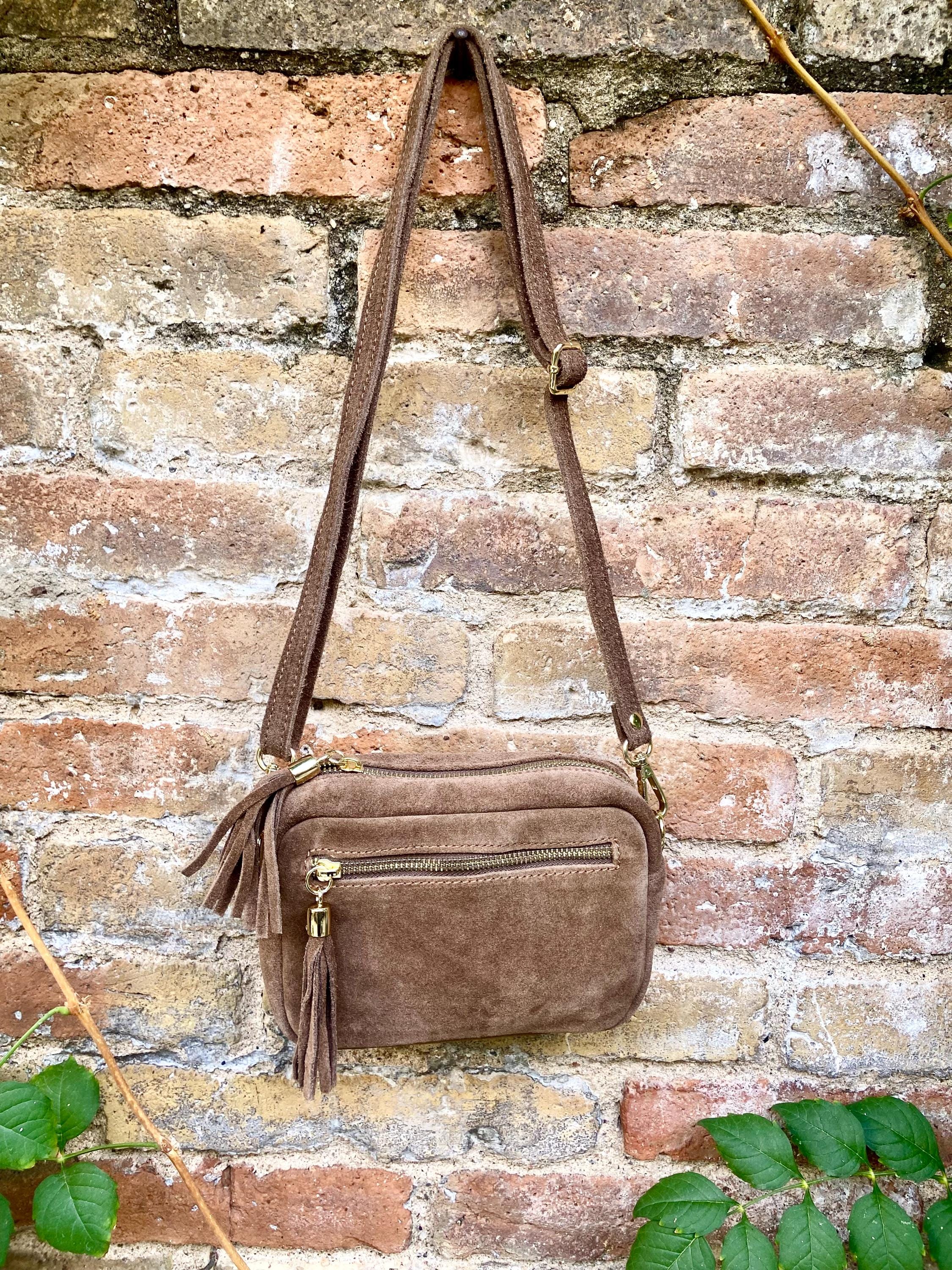 Light brown small suede leather bag. Tan GENUINE leather shoulder / cross body bag. Taupe brown suede purse, adjustable strap + zippers.