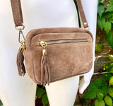 Light brown small suede leather bag. Tan GENUINE leather shoulder / cross body bag. Taupe brown suede purse, adjustable strap + zippers.