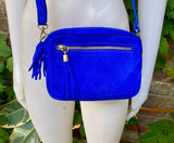Small suede bag in cobalt blue. GENUINE leather shoulder or crossbody bag. Royal blue suede purse, adjustable strap and zipper.
