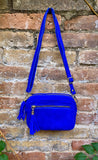 Small suede bag in cobalt blue. GENUINE leather shoulder or crossbody bag. Royal blue suede purse, adjustable strap and zipper.