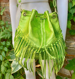 Crossbody / shoulder fringed bag. Metallic neon green genuine leather drawstring bag. Long FRINGES. Lime green leather purse. Green glitter
