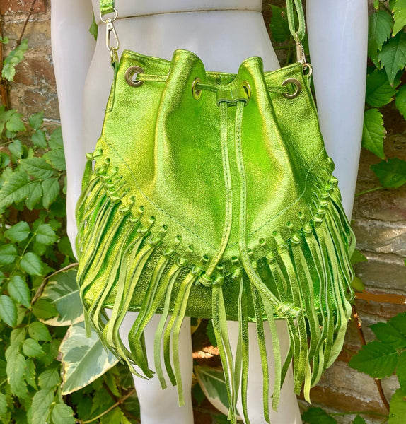 Crossbody / shoulder fringed bag. Metallic neon green genuine leather drawstring bag. Long FRINGES. Lime green leather purse. Green glitter