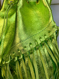 Crossbody / shoulder fringed bag. Metallic neon green genuine leather drawstring bag. Long FRINGES. Lime green leather purse. Green glitter