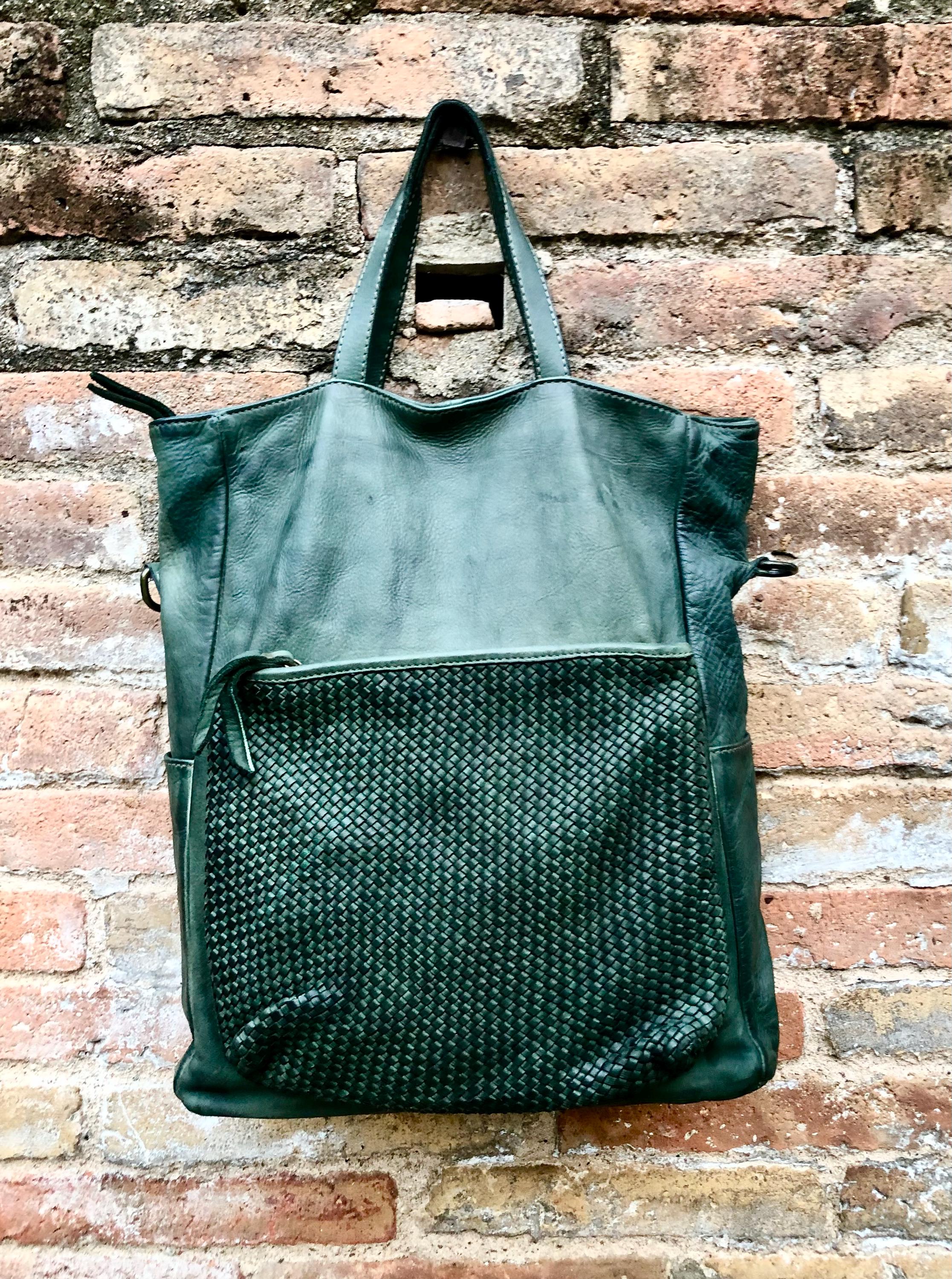 GREEN genuine leather shoulder / crossbody bag. Green distressed leather shopper. Green "washed leather" bag for laptops, tablets, books...