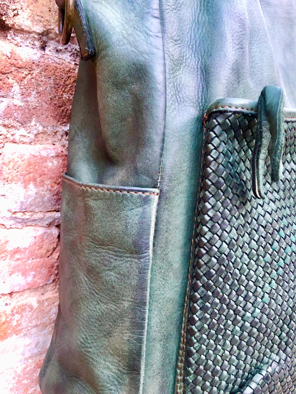 GREEN genuine leather shoulder / crossbody bag. Green distressed leather shopper. Green "washed leather" bag for laptops, tablets, books...