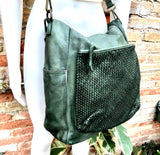 GREEN genuine leather shoulder / crossbody bag. Green distressed leather shopper. Green "washed leather" bag for laptops, tablets, books...