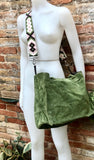 Large moss green suede bag. Shoulder + crossbody longer adjustable strap. Lined GREEN suede purse for your laptop, tablet.. Genuine leather.