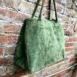Large moss green suede bag. Shoulder + crossbody longer adjustable strap. Lined GREEN suede purse for your laptop, tablet.. Genuine leather.